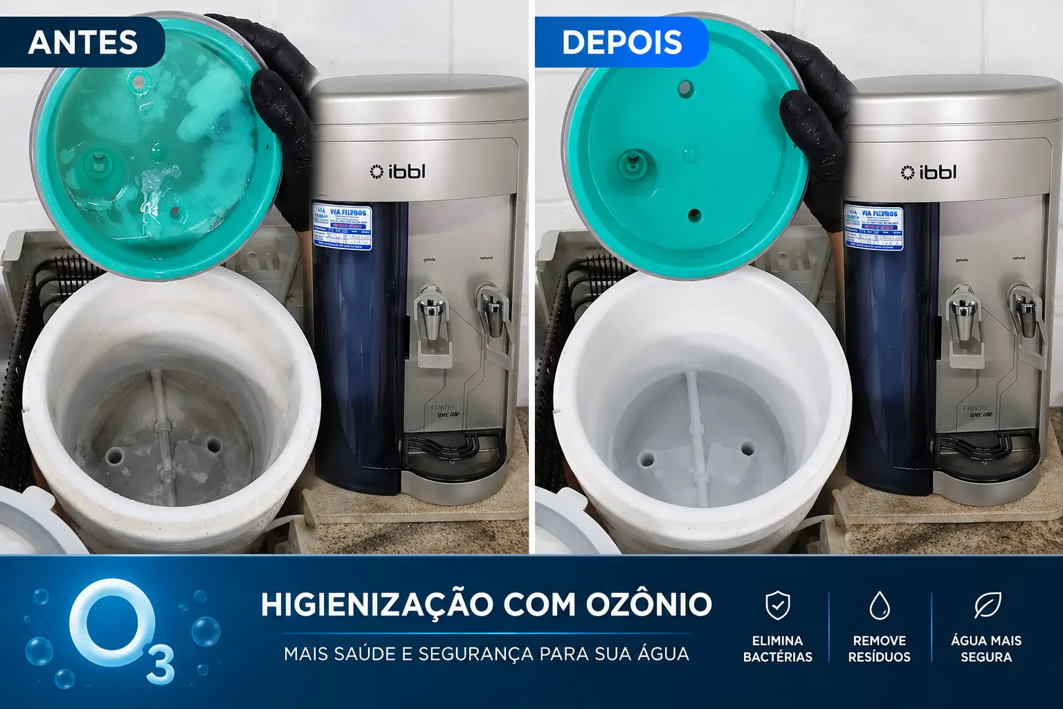 Antes e depois da higienização interna do bebedouro com ozônio